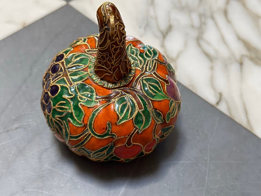 Vintage Cloisonné Pumpkin Bud Vase Fruit Harvest Motif Enamel Brass Vessel
